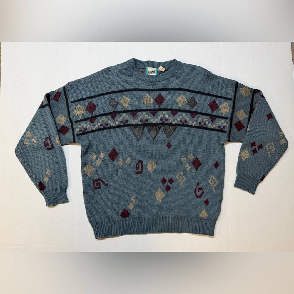 Vintage‎ Gitano Blue Men’s Large Crewneck Patterned Knit Sweater